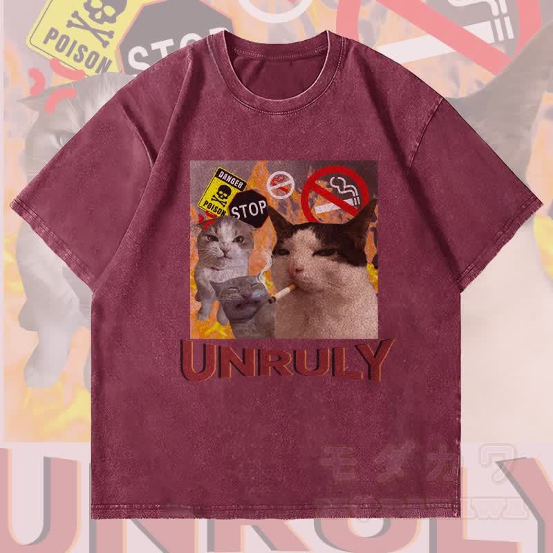 MODAKAWA UNRULY レベルキャット グラフィック ユニセックス ヴィンテージ ウォッシュド Tシャツ - ワインレッド - 4XL - image 1
