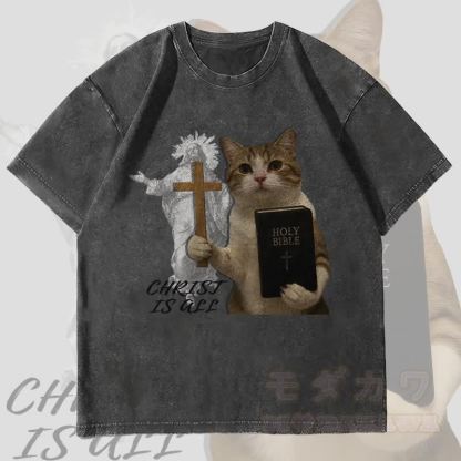 MODAKAWA CHRIST IS ALL 宗教猫グラフィック ユニセックス ヴィンテージ ウォッシュド Tシャツ - 黒 - 4XL - image 3