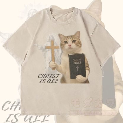 MODAKAWA CHRIST IS ALL 宗教猫グラフィック ユニセックス ヴィンテージ ウォッシュド Tシャツ - ベージュ - 4XL - image 1