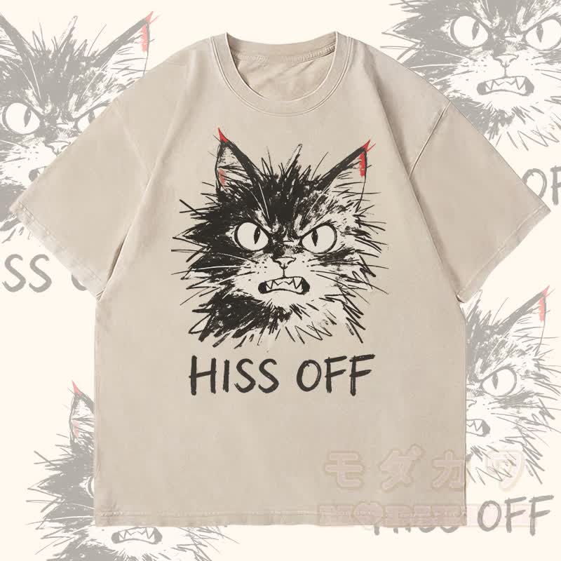 MODAKAWA HISS OFF アングリーキャット グラフィック ユニセックス ヴィンテージ ウォッシュド Tシャツ - ベージュ - 4XL - image 2