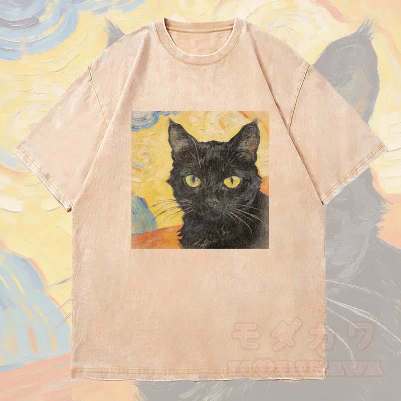 MODAKAWA 黒猫ポートレートグラフィック ユニセックス ヴィンテージウォッシュTシャツ - アプリコット - 4XL - image 2