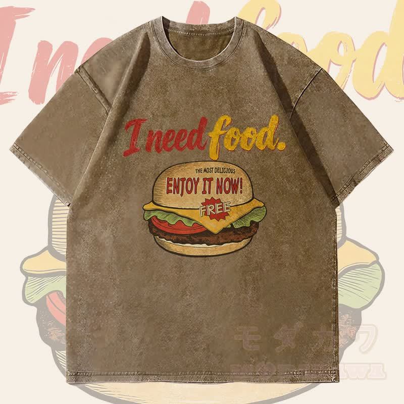 MODAKAWA I NEED FOOD バーガーグラフィック ユニセックス ヴィンテージウォッシュTシャツ - ダークブラウン - 4XL - image 2