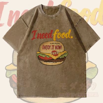 MODAKAWA I NEED FOOD バーガーグラフィック ユニセックス ヴィンテージウォッシュTシャツ - ダークブラウン - 4XL - image 2