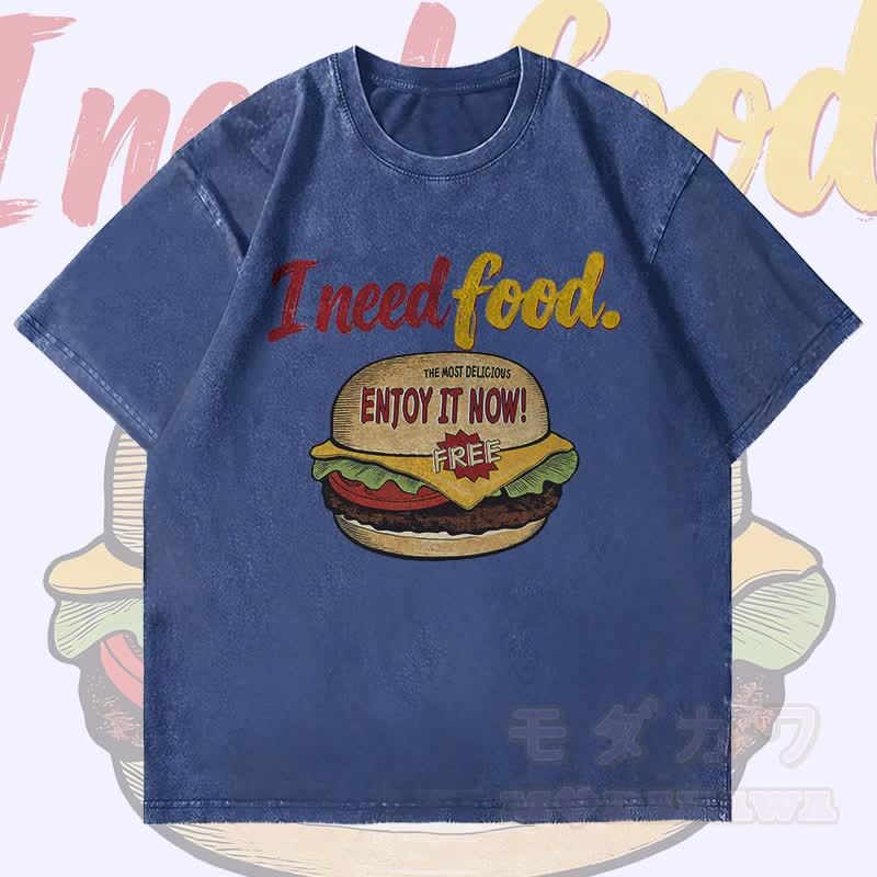 MODAKAWA I NEED FOOD バーガーグラフィック ユニセックス ヴィンテージウォッシュTシャツ - ダークブルー - 4XL - image 1