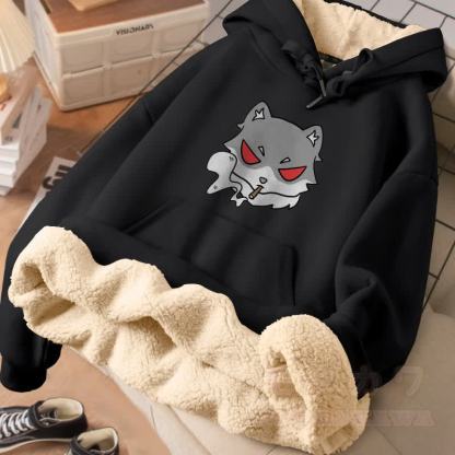 MODAKAWA スモーキングウルフ グラフィック 厚手裏起毛冬パーカー - 黒 - 2XL - image 1