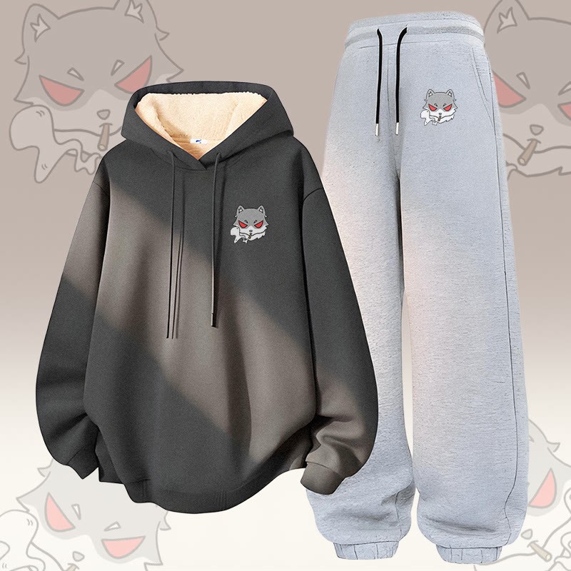 MODAKAWA スモーキングウルフ グラフィック 厚手フリース裏地付きパーカー＆パンツ ツーピースセット - Dark Grey&Grey - 5XL - image 1