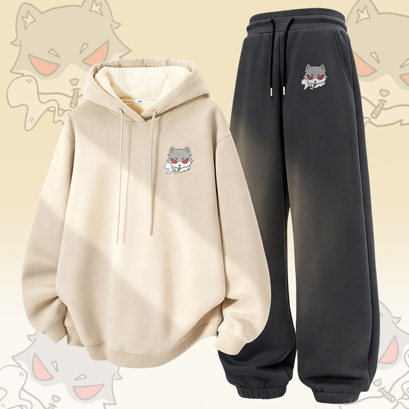 MODAKAWA スモーキングウルフ グラフィック 厚手フリース裏地付きパーカー＆パンツ ツーピースセット - Apricot&Dark Grey - 5XL - image 3