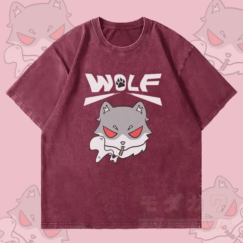 MODAKAWA スモーキングウルフ グラフィック ユニセックス ヴィンテージウォッシュTシャツ - ワインレッド - 4XL - image 2