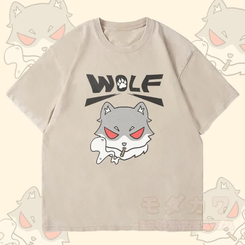 MODAKAWA スモーキングウルフ グラフィック ユニセックス ヴィンテージウォッシュTシャツ - ベージュ - 4XL - image 1