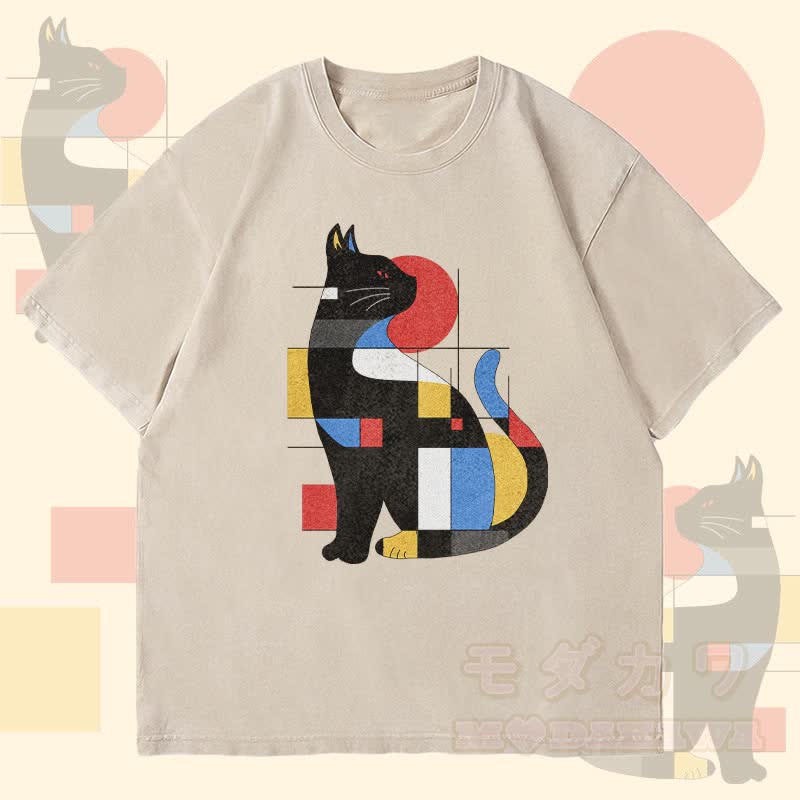 MODAKAWA 幾何学模様 猫 グラフィック ユニセックス ヴィンテージ ウォッシュド Tシャツ - ベージュ - 4XL - image 1