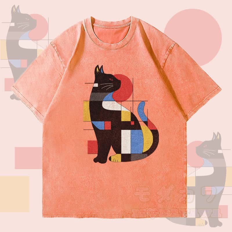 MODAKAWA 幾何学模様 猫 グラフィック ユニセックス ヴィンテージ ウォッシュド Tシャツ - オレンジ - 4XL - image 2