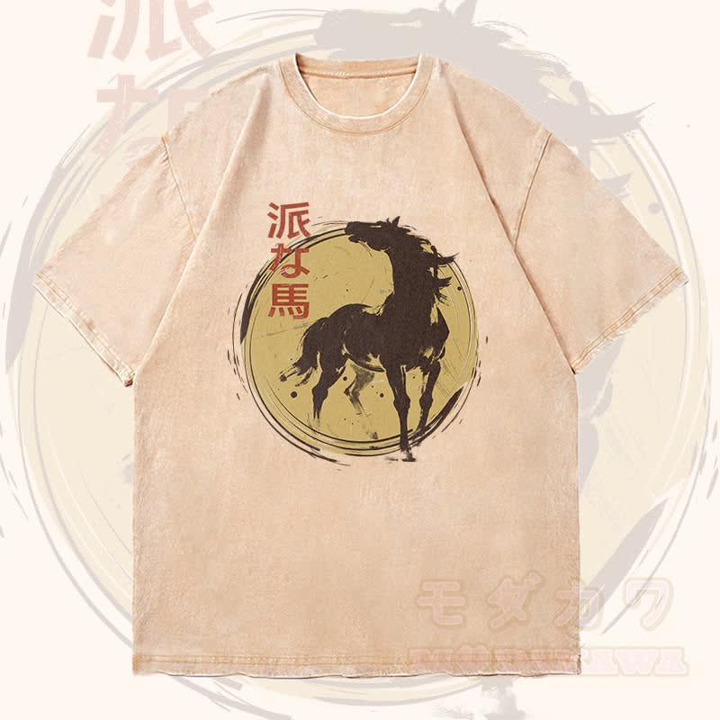 MODAKAWA マジェスティックホースグラフィック ユニセックス ヴィンテージウォッシュTシャツ - アプリコット - 4XL - image 1