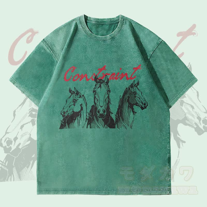MODAKAWA CONSTRAINT 馬グラフィック ユニセックス ヴィンテージウォッシュTシャツ - ダークグリーン - 4XL - image 1