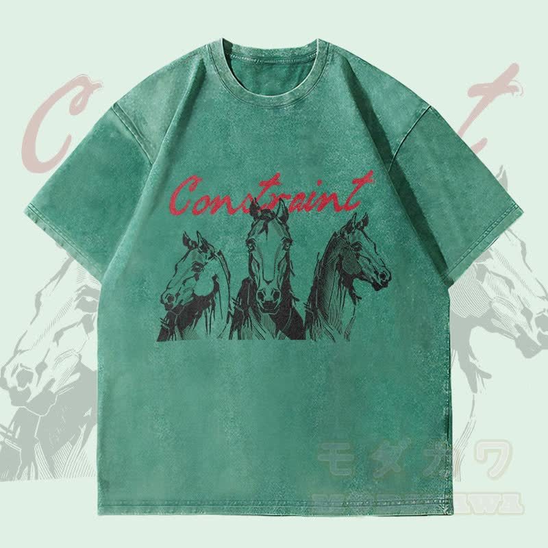 MODAKAWA CONSTRAINT 馬グラフィック ユニセックス ヴィンテージウォッシュTシャツ - ダークグリーン - 4XL - image 1