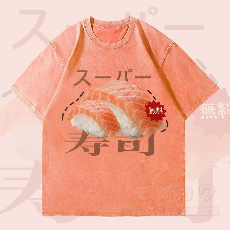 MODAKAWA 寿司グラフィック ユニセックス ヴィンテージウォッシュTシャツ - オレンジ - 4XL - image 1