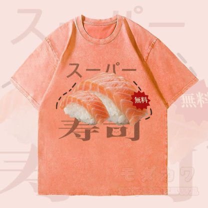 MODAKAWA 寿司グラフィック ユニセックス ヴィンテージウォッシュTシャツ - オレンジ - 4XL - image 1