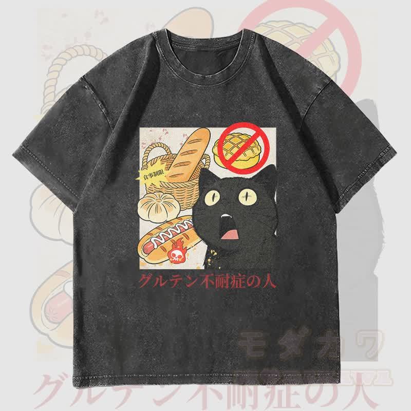 MODAKAWA グルテン不耐性 猫グラフィック ユニセックス ヴィンテージ ウォッシュド Tシャツ - 黒 - 4XL - image 4