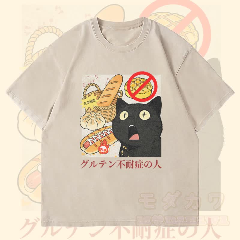 MODAKAWA グルテン不耐性 猫グラフィック ユニセックス ヴィンテージ ウォッシュド Tシャツ - アプリコット - 4XL - image 2