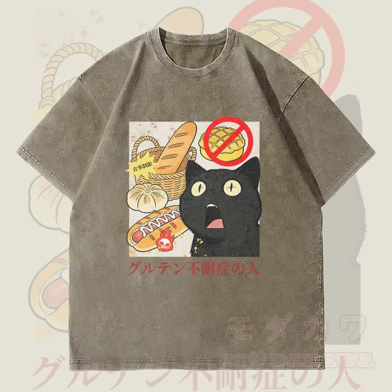 MODAKAWA グルテン不耐性 猫グラフィック ユニセックス ヴィンテージ ウォッシュド Tシャツ - アーミーグリーン - 4XL - image 1