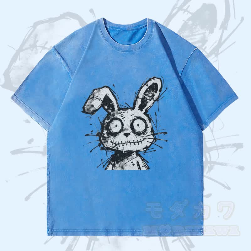 MODAKAWA ステッチ ラビット グラフィック ユニセックス ヴィンテージ ウォッシュド Tシャツ - 青 - 4XL - image 1