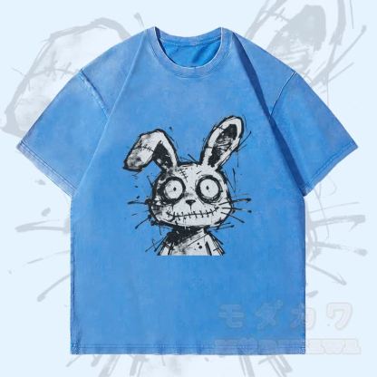 MODAKAWA ステッチ ラビット グラフィック ユニセックス ヴィンテージ ウォッシュド Tシャツ - 青 - 4XL - image 1