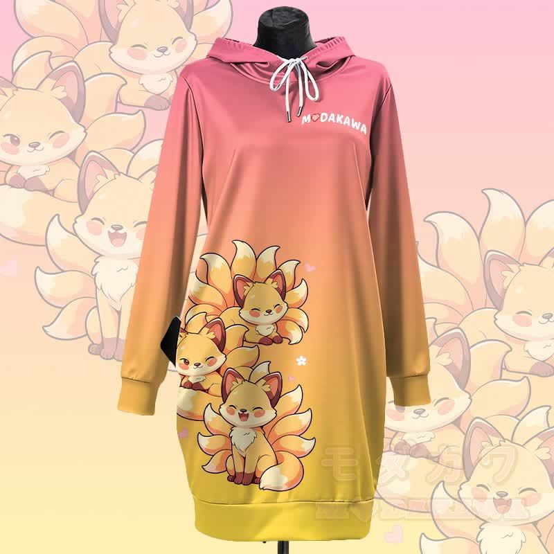 MODAKAWA グラデーションキュートな九尾のキツネフード付きスウェットシャツワンピース サイドポケット付き - ピンク＆イエロー - 4XL - image 1