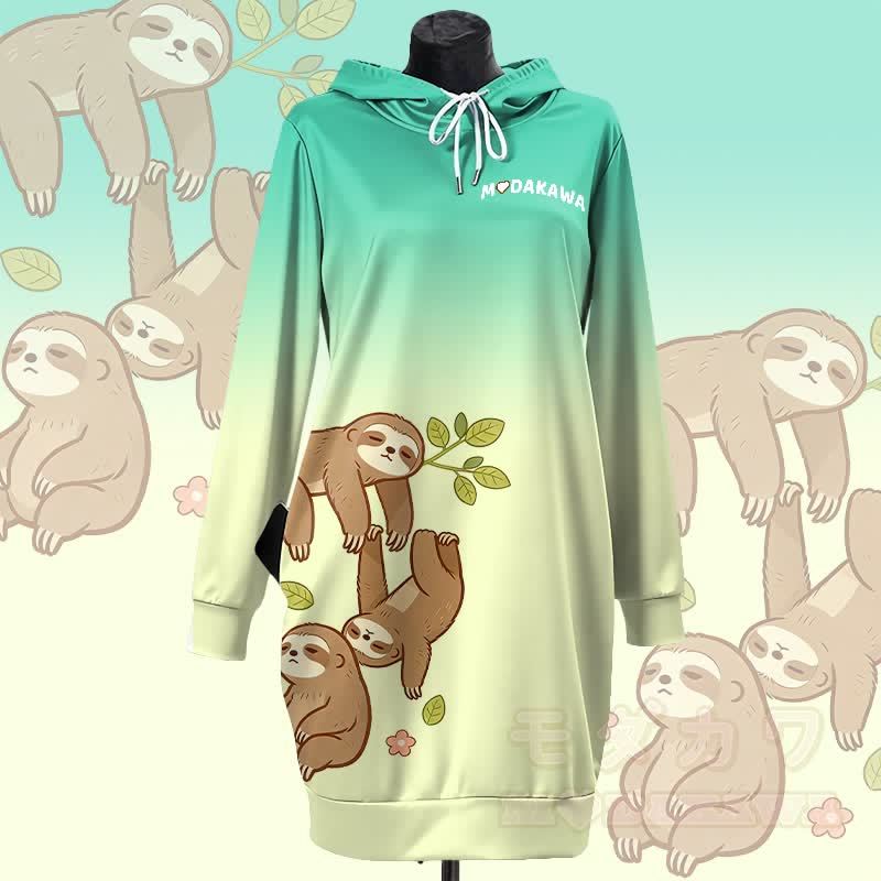 MODAKAWA グラデーション レイジー ナマケモノ フード付き スウェットシャツ ドレス サイドポケット付き - 緑 - 4XL - image 1