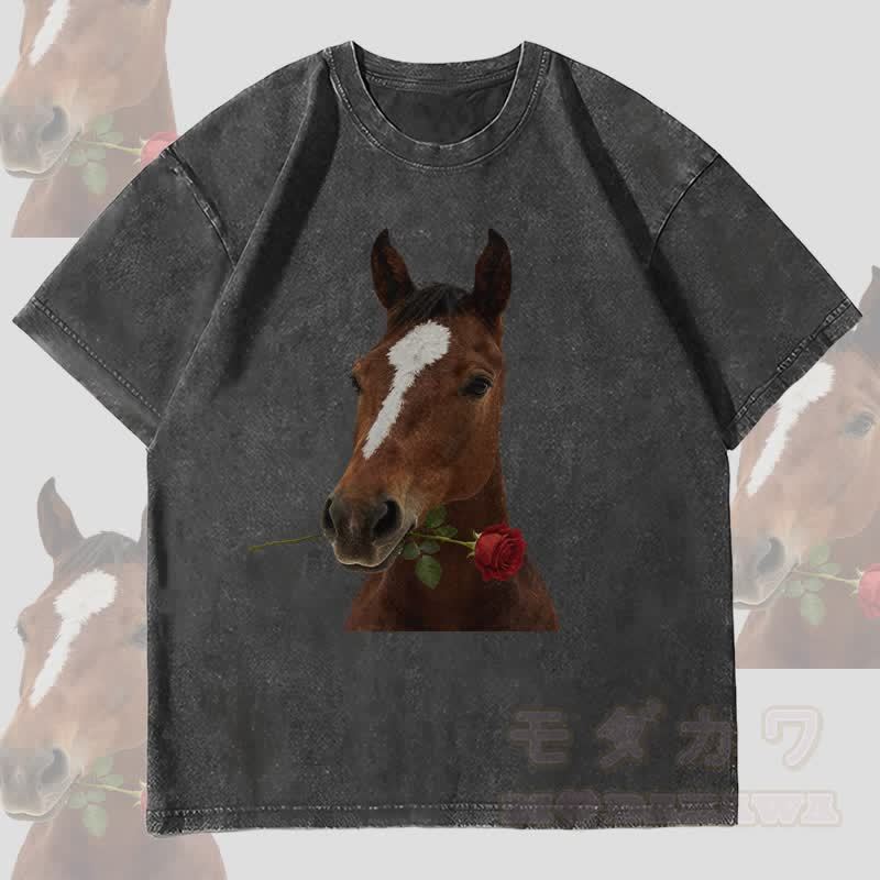 MODAKAWA 馬とバラのグラフィック ユニセックス ヴィンテージ ウォッシュド Tシャツ - 黒 - 4XL - image 4