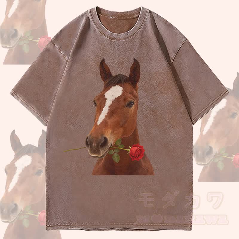 MODAKAWA 馬とバラのグラフィック ユニセックス ヴィンテージ ウォッシュド Tシャツ - 茶色 - 4XL - image 1