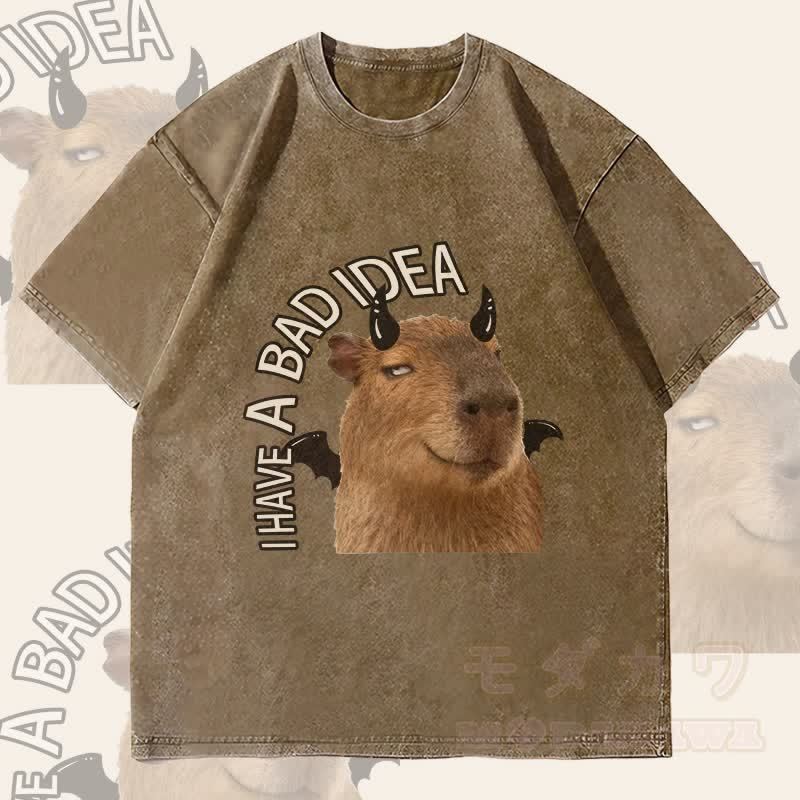MODAKAWA I HAVE A BAD IDEA デビルカピバラ グラフィック ユニセックス ヴィンテージ ウォッシュド Tシャツ - ダークブラウン - 4XL - image 1