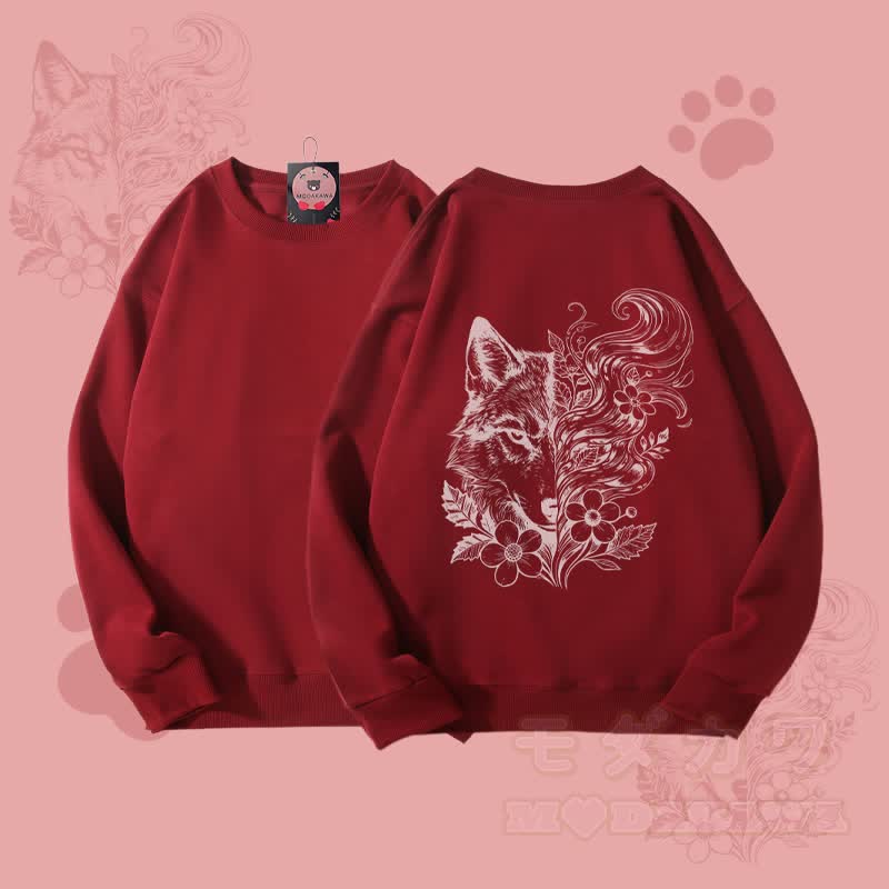MODAKAWA フラワーウルフグラフィック ユニセックス スウェットシャツ - ワインレッド - 5XL - image 2