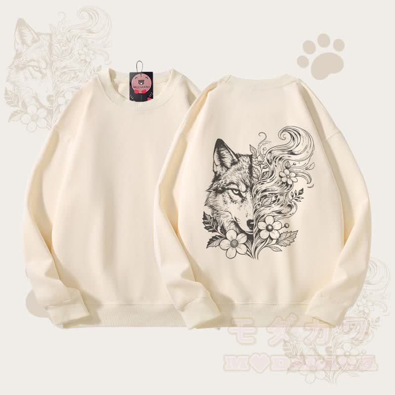 MODAKAWA フラワーウルフグラフィック ユニセックス スウェットシャツ - ベージュ - 5XL - image 1