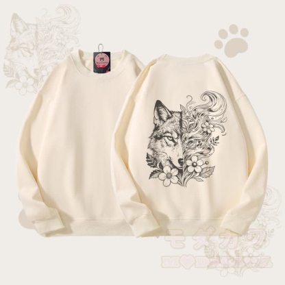 MODAKAWA フラワーウルフグラフィック ユニセックス スウェットシャツ - ベージュ - 5XL - image 1