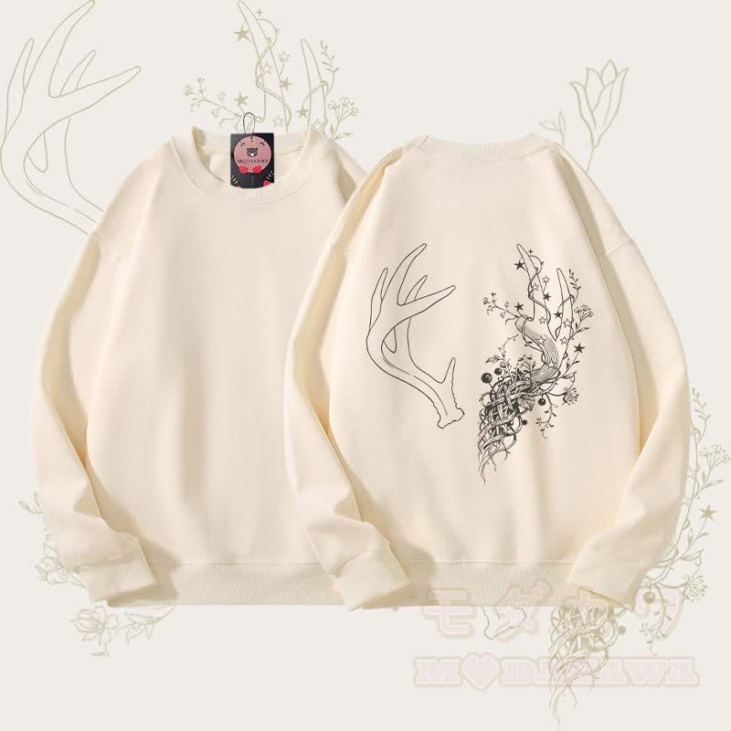 MODAKAWA フラワーアントラーグラフィック ユニセックス スウェットシャツ - ベージュ - 5XL - image 2