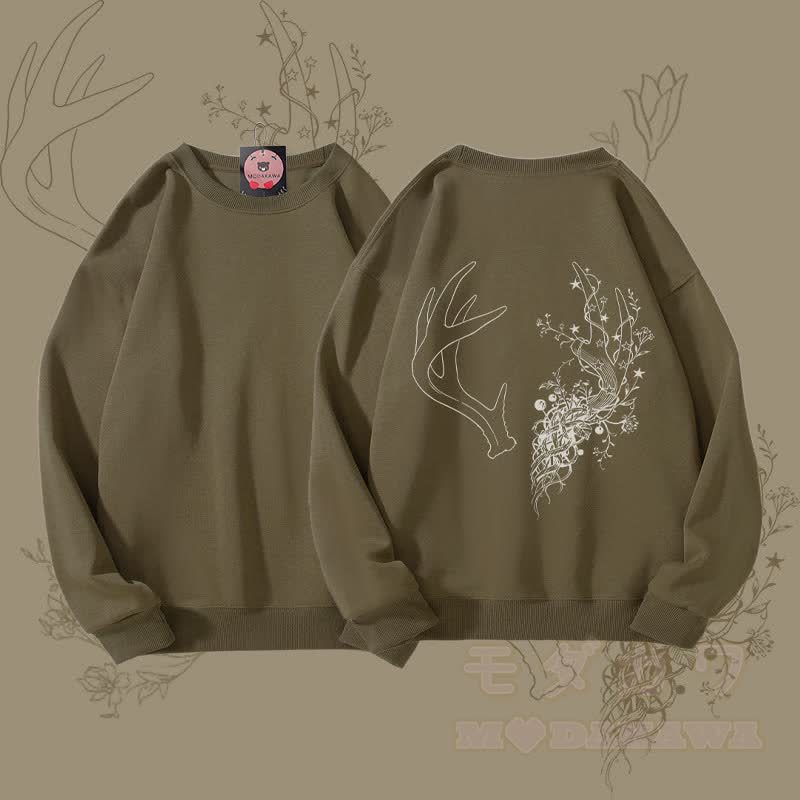MODAKAWA フラワーアントラーグラフィック ユニセックス スウェットシャツ - ダークカーキ - 5XL - image 1