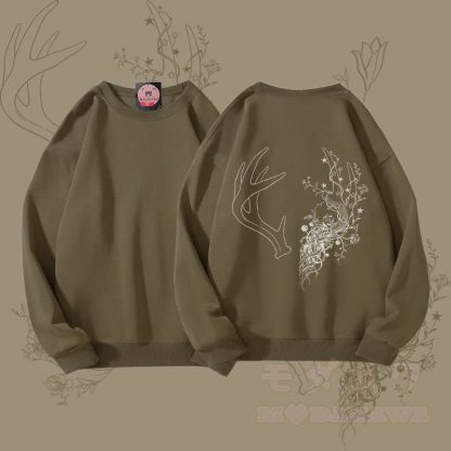 MODAKAWA フラワーアントラーグラフィック ユニセックス スウェットシャツ - ダークカーキ - 5XL - image 1