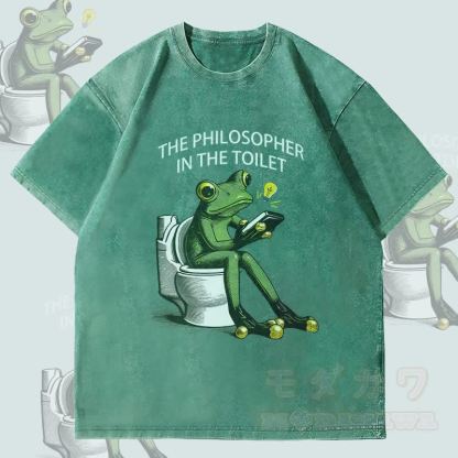 MODAKAWA トイレの哲学者 カエルグラフィック ユニセックス ヴィンテージウォッシュTシャツ - 緑 - 4XL - image 1