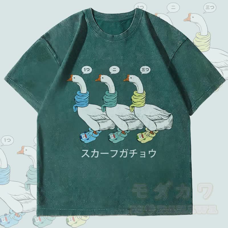 MODAKAWA スリースカーフ ガチョウ グラフィック ユニセックス ヴィンテージ ウォッシュド Tシャツ - ダークグリーン - 4XL - image 2