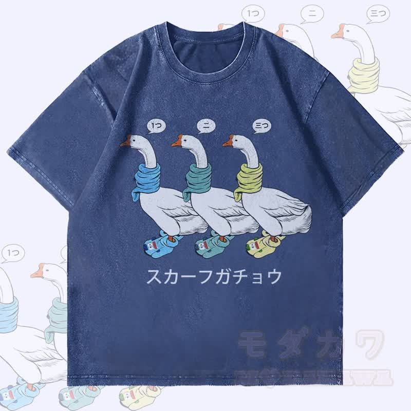 MODAKAWA スリースカーフ ガチョウ グラフィック ユニセックス ヴィンテージ ウォッシュド Tシャツ - ダークブルー - 4XL - image 1