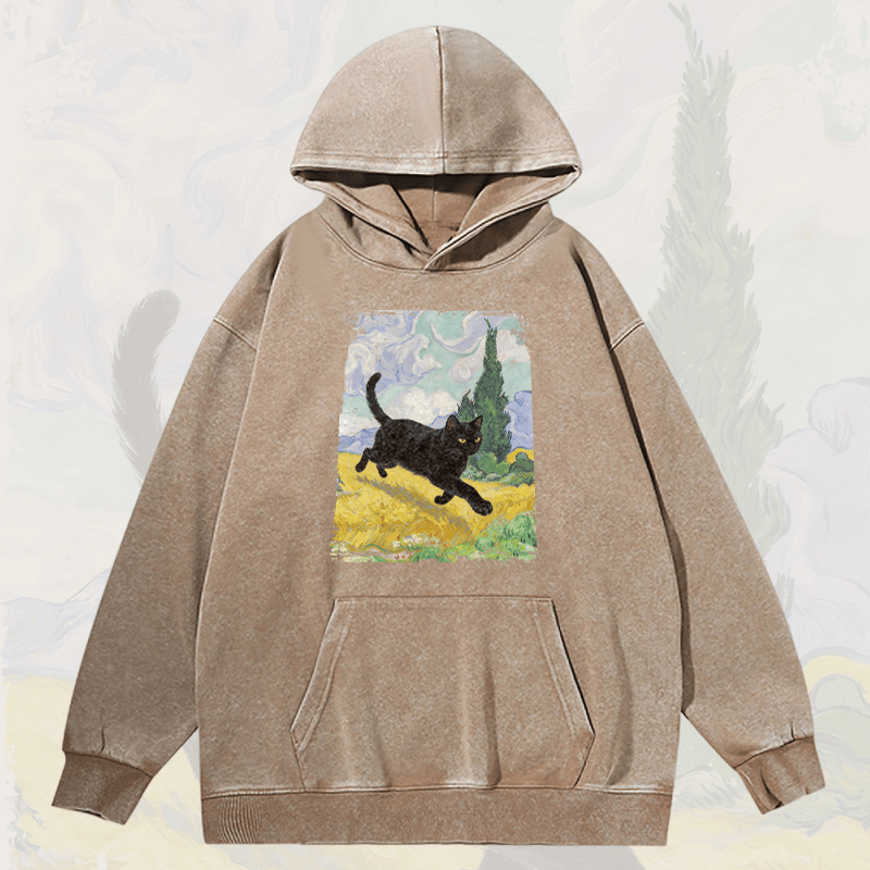 MODAKAWA ユニセックス ヴィンテージウォッシュドパーカー ウォーキングブラックキャットグラフィックプルオーバー - Khaki - 2XL - image 1