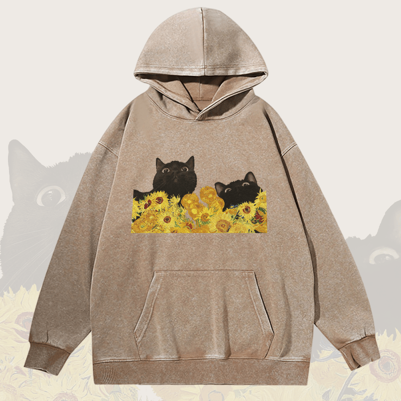 MODAKAWA ユニセックス ヴィンテージウォッシュドパーカー ひまわりの中の黒猫 グラフィックプルオーバー - Khaki - 2XL - image 1