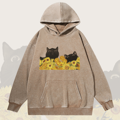 MODAKAWA ユニセックス ヴィンテージウォッシュドパーカー ひまわりの中の黒猫 グラフィックプルオーバー - Khaki - 2XL - image 1