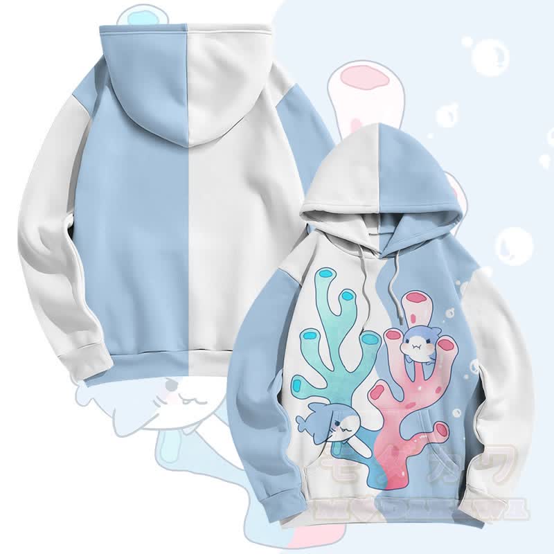 MODAKAWA サンゴの間を泳ぐサメのグラフィック オールオーバープリント プルオーバーパーカー - ホワイト＆ブルー - 5XL - image 2