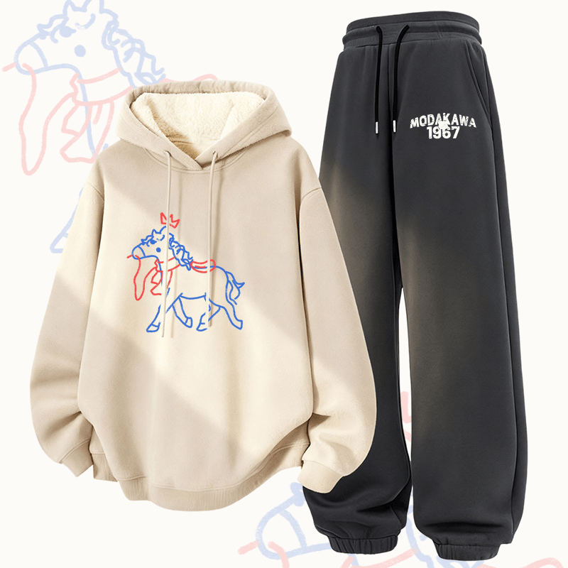 MODAKAWA クラウンドホースグラフィック 厚手裏起毛 フーディーパンツ 2点セット - Apricot&Dark Grey - 5XL - image 2