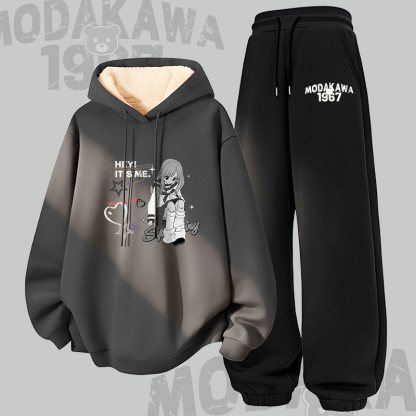 MODAKAWA HEY! IT'S ME ガールグラフィック 厚手裏起毛 パーカー パンツ 2点セット - Dark Grey&Black - 5XL - image 1