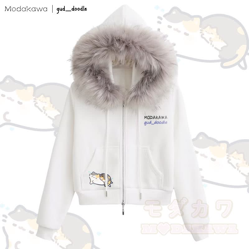 MODAKAWA x gud_doodleスリーピングキティ グラフィック フリース裏地 フェイクファートリム ジップアップパーカー - 白 - L - image 2