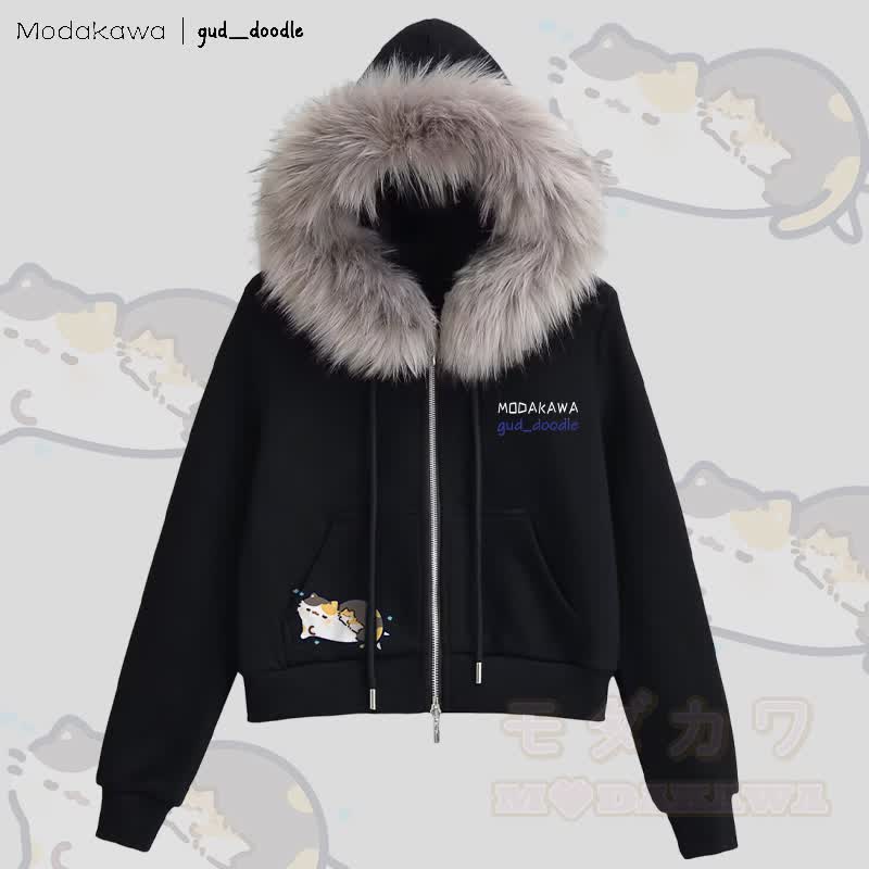 MODAKAWA x gud_doodleスリーピングキティ グラフィック フリース裏地 フェイクファートリム ジップアップパーカー - 黒 - L - image 1