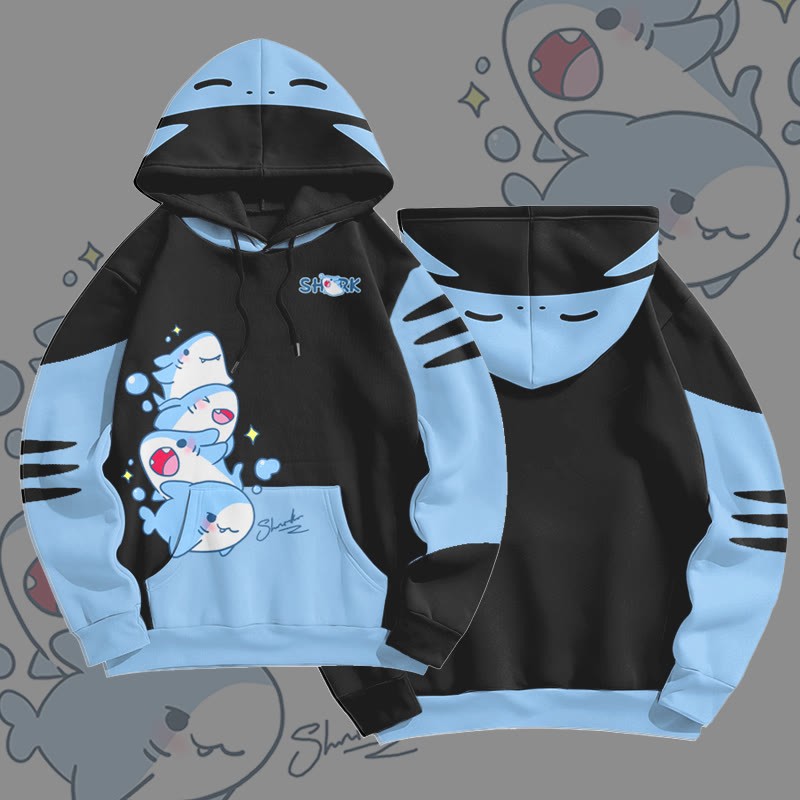 MODAKAWA 遊び心のあるサメのグラフィック オールオーバープリント プルオーバーパーカー - Black - 5XL - image 1