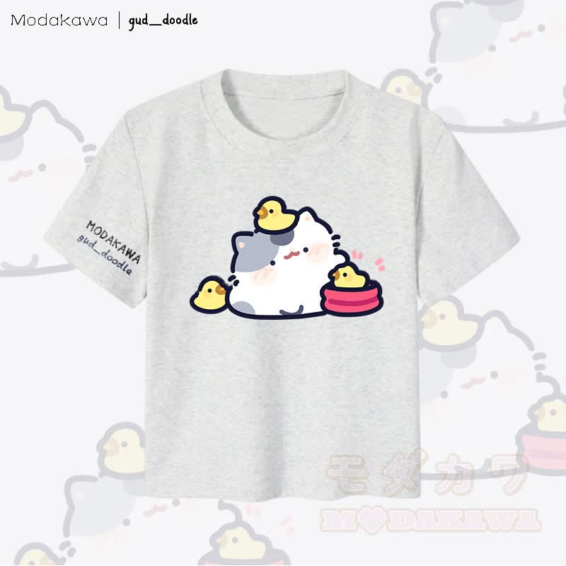 MODAKAWA x gud_doodleキティチック グラフィック レディース クロップドTシャツ 92% コーマ綿クロップトップ - グレー - XL - image 3