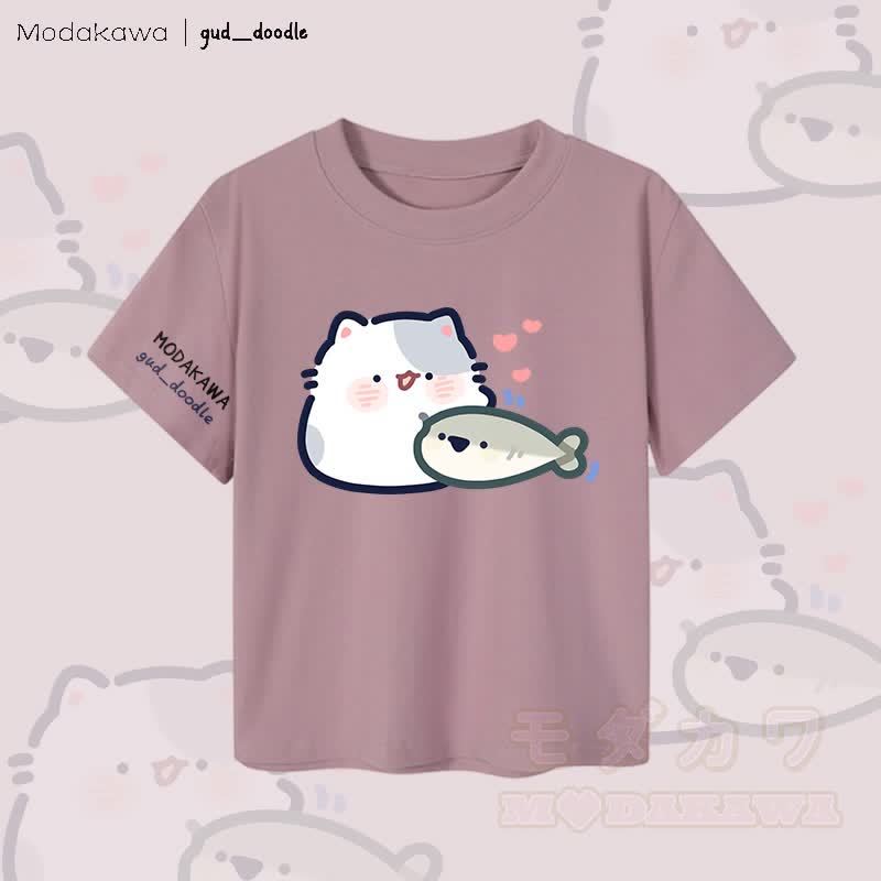 MODAKAWA x gud_doodleキティと魚のグラフィック レディース クロップドTシャツ 92% コーマ綿クロップトップ - 紫 - XL - image 3
